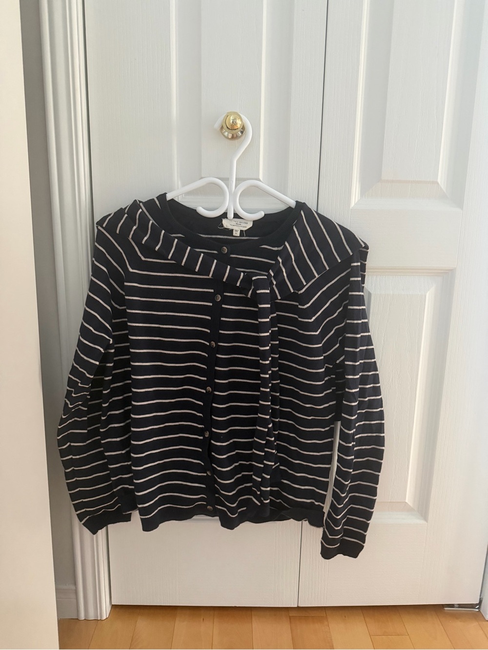 Striped Navy and White Button-Front Cardigan with Tie Neck